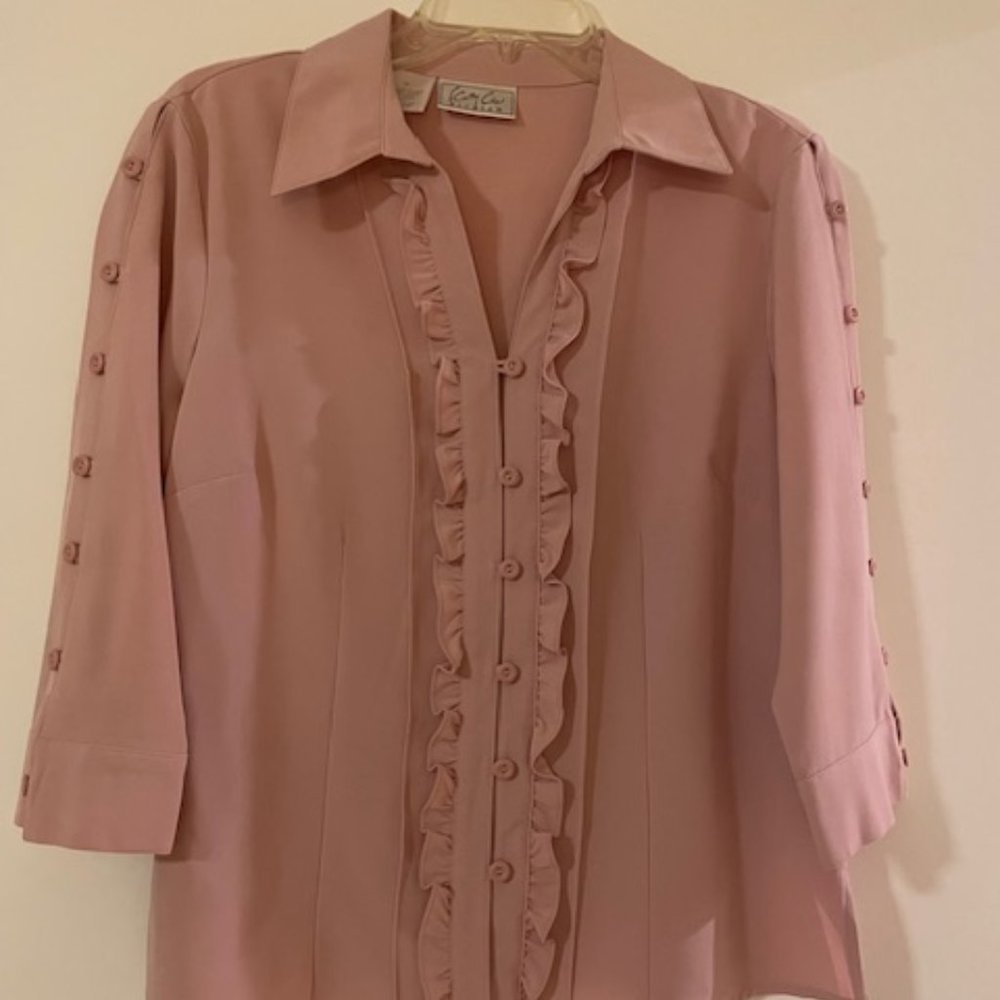 Tan ruffled Kathy Che Blouse, Size 14